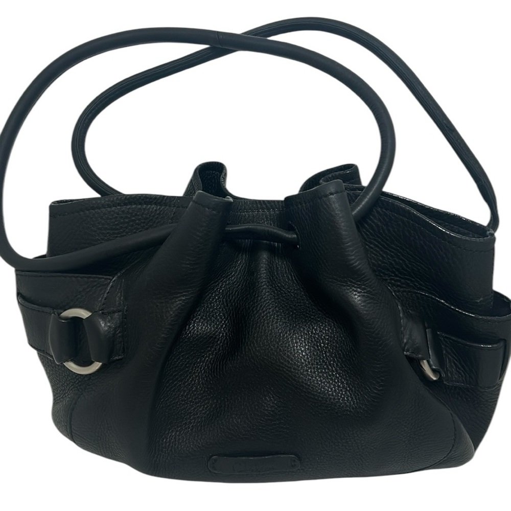 Cole Haan Purse Black Pebbled Leather Shoulder Bag Hobo Tote Drawstring Pockets